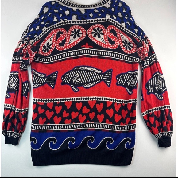 FARM Rio Mixed Prints Fair Isle Cardigan Sweater XS Fish Hearts Waves Red Blue - Picture 3 of 4